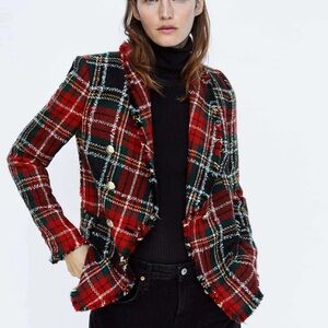 RARE Blogger Fave Viral Zara Red Plaid Tartan Blazer Jacket Raw Hem Small